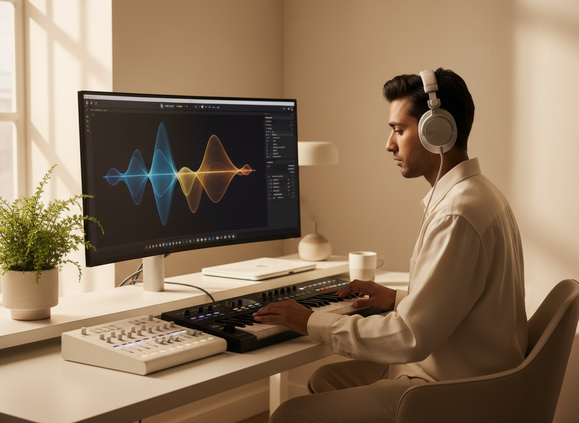 Clean editorial photo of a musician or audio creator with headphones at a bright modern workstation with soundwave visuals on screen, warm off-white tones, soft natural light, premium magazine style.